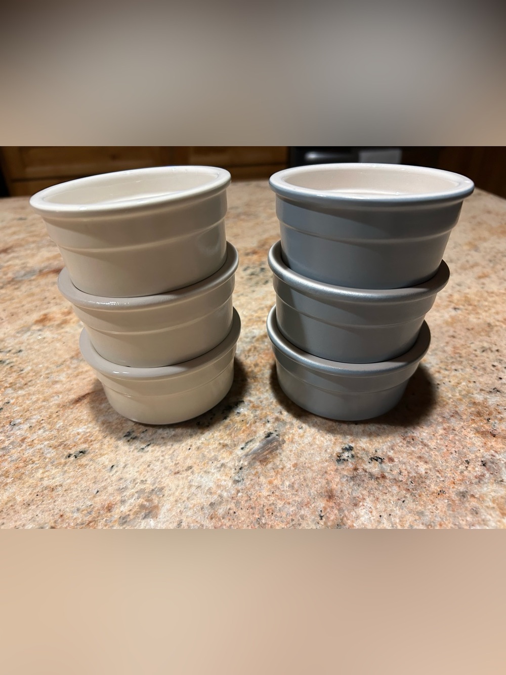 CERMER France Set of (6) ; 3 Sky Blue & 3 Bisque Stoneware Ramekins 3.5” 4.8oz
